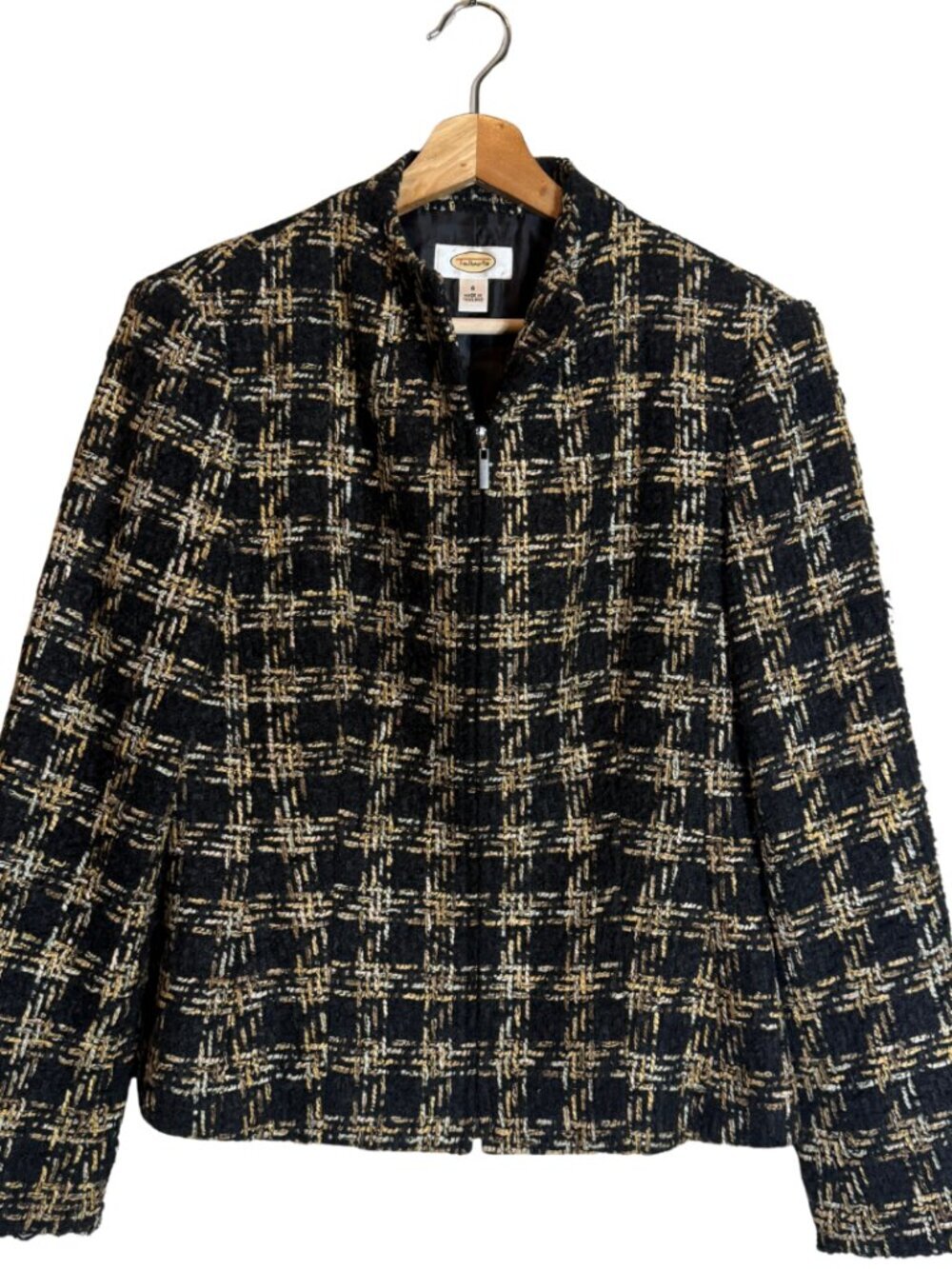 Vintage Talbots Tweed Full Zip Blazer Suit Jacket Women's 6 Black Gold 90s Chic